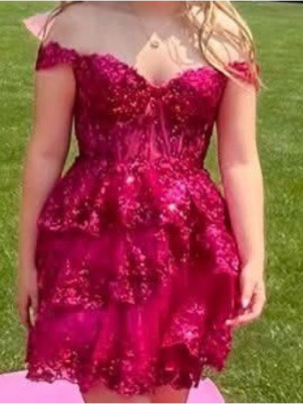 Amazon Fuchsia off the schoulder Sequin Lace Tiered Mini hoco Dress